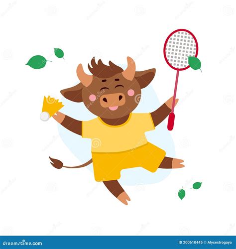 Vector Illustration Of Cow Ox Or Bull In Shorts With Tennis Or