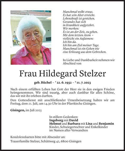 Todesanzeigen Von Hildegard Stelzer Todesanzeigen Vorarlberger