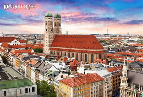 Munich City Downtown Skyline With Marienplatz Town Hall In Germany At