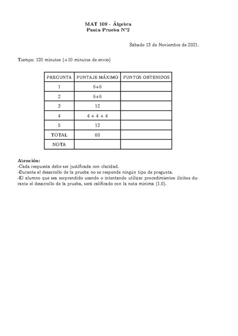 Pauta Prueba 2 Álgebra 2021 II MAT 109 Algebra Pauta Prueba N 2 S