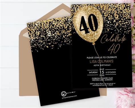 Diy 40th Birthday Balloon Invitation Printable Template Black Etsy Australia