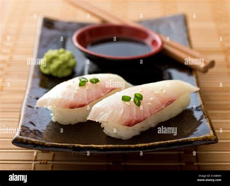 A Delicious White Fish Nigiri Zushi With Rice Wasabi Paste And