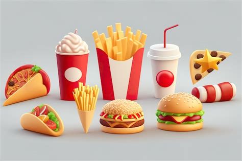 Premium Photo 3d Render Fast Food Set Hamburger Fries Potatoes Pizza Soft Drink Generative Ai