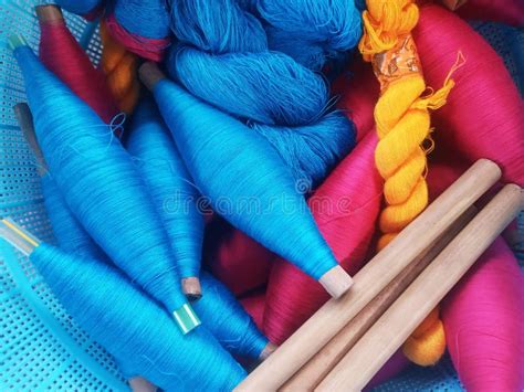 Bundles Of Colorful Threads In A Basket The Threads Are Used For