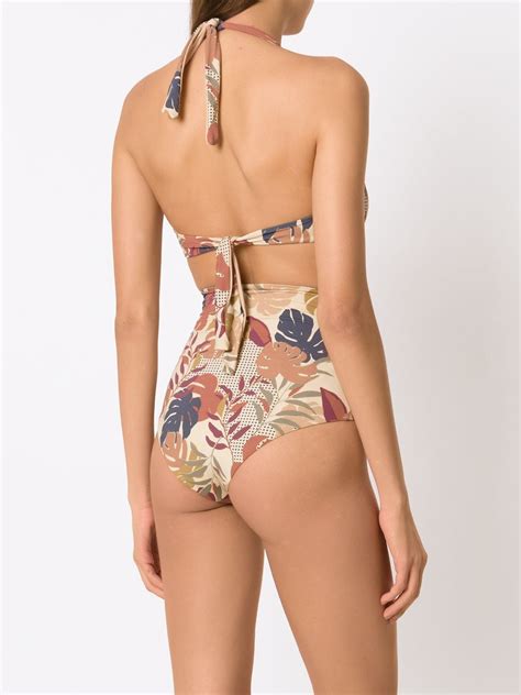 Amir Slama Palm Leaf Print High Rise Bikini Neutrals FARFETCH UK