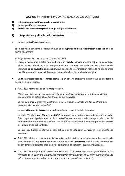 Lección 4ª Interpretación y eficacia del contrato LECCIÓN 4ª