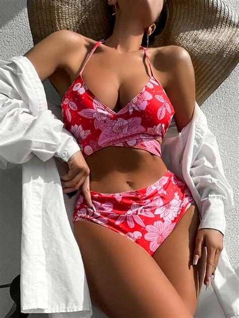 Floral Print Criss Cross Halter Bikini Swimsuit Shein Usa