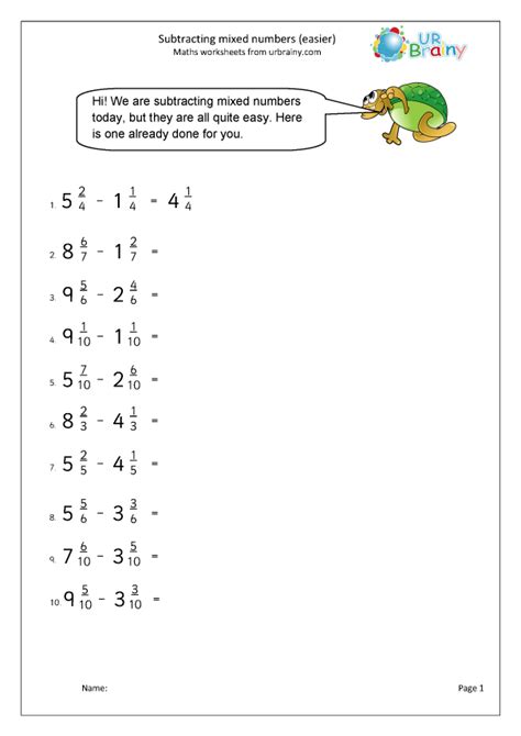 Subtracting mixed numbers (easier) - Fraction and Decimal Worksheets ...