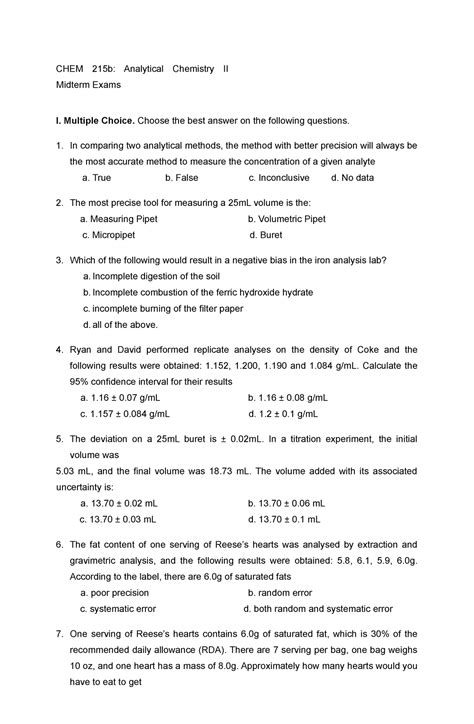 Mid Trerm Exam In Analytical Chemistry Ii C Chem B Analytical