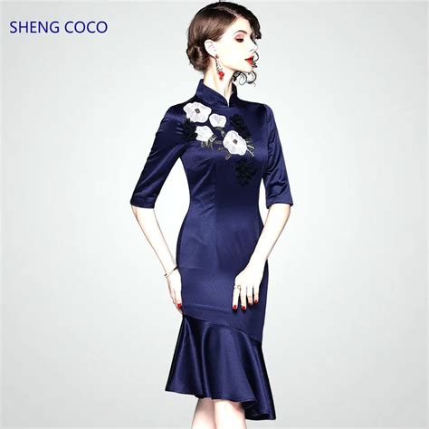 Sheng Coco Chinese Cheongsam Qipao Dresses Autumn Clothing Silk Satin