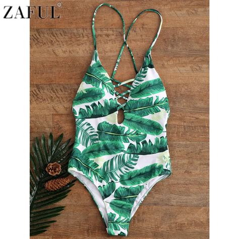 Zaful 2017 Sexy Leaf Print Swimwear Women One Piece Swimsuit Hollow Out