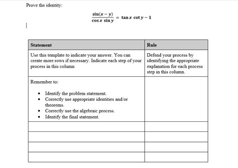 Solved Prove The Identity Sin X Y Tan X Coty 1 Cos X Chegg