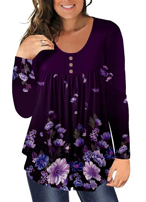 Chama Plus Size Long Sleeve Shirts For Women Pleated Flowy Tunic Blouses Floral Printed Tops