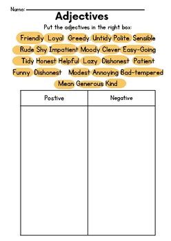 Adjective Sorting Positive And Negative Sen And Th Grade By Misscait