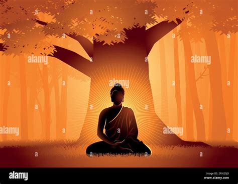 Vector Illustration Of Siddhartha Gautama Enlightened Under Bodhi Tree