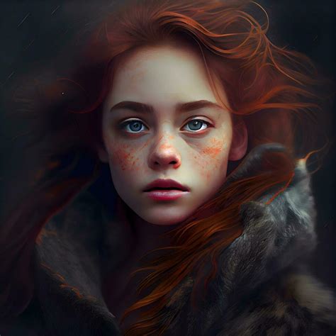 Fantasy Portrait Of A Beautiful Red Haired Girl In A Fur Coat Ai