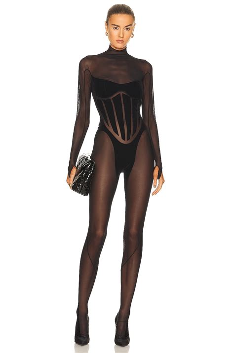 Wolford X Mugler Flock Shaping Catsuit In Black Fwrd