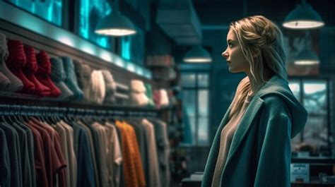 Premium AI Image | A woman looks at a clothing store in a dark room.