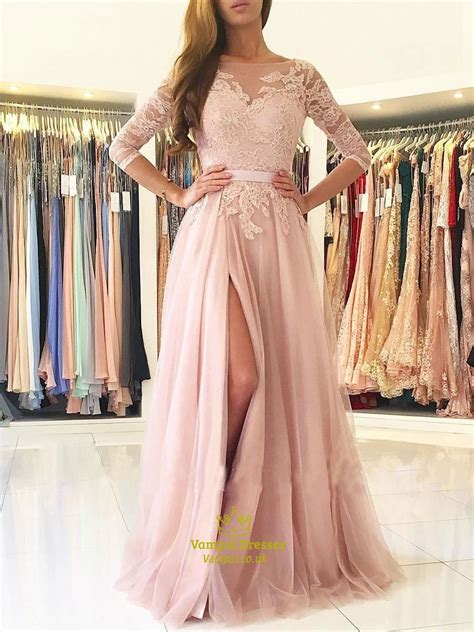 Blush Pink 3 4 Sleeve Lace Bodice A Line Backless Prom Dress With Slit