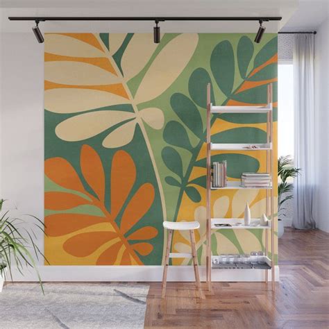 Retro Earthy Floral In Green And Orange Wall Mural By Modern Tropical