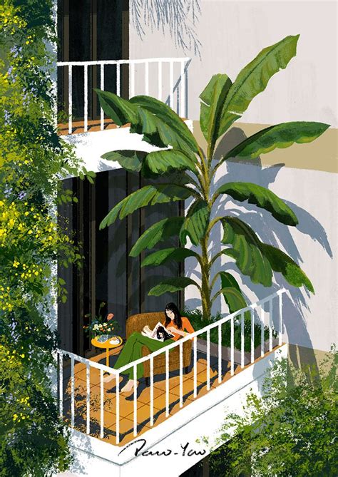 A Painting Of Two People Sitting On A Balcony Next To A Palm Tree