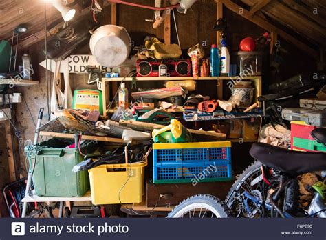 Download This Stock Image Inside A Messy And Cluttered Wooden Garage