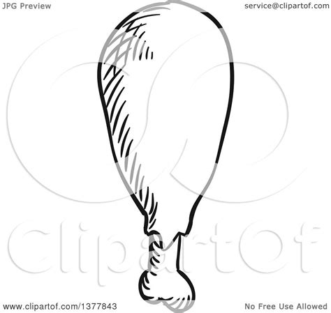 Clipart of a Black and White Sketched Chicken Drumstick - Royalty Free Vector Illustration by ...