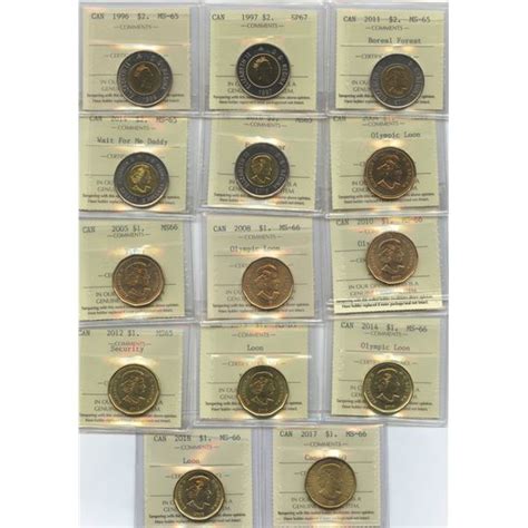 Lot of 14 ICCS Graded Loonies & Toonies