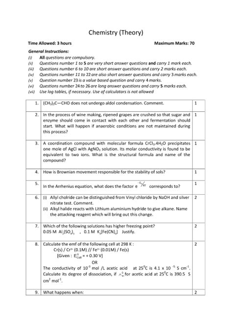 Cbse Class 12 Chemistry Sample Question Papers For 2022mock Paper 1