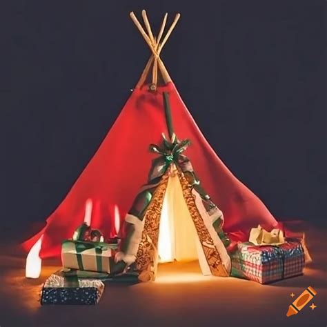 Santa Placing Christmas Presents Under A Tree In A Teepee