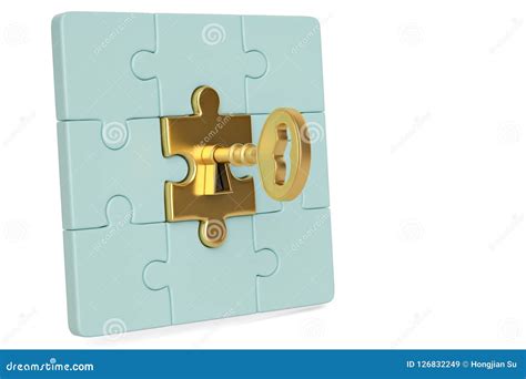 Golden Key And Puzzle Pieces On White Background3d Illustration Stock