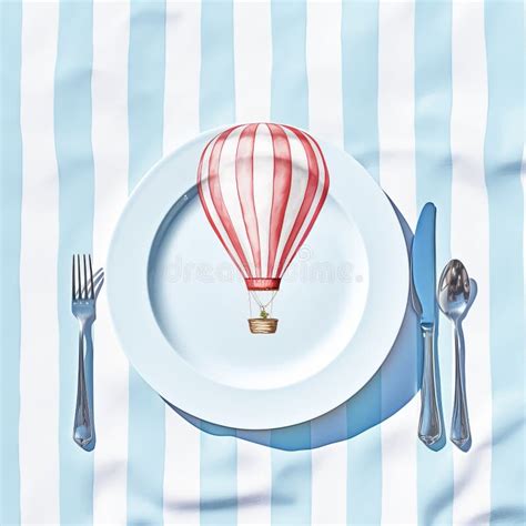 Minimal Watercolor Tablecloth Print With Light Blue Striped Hot Air Balloon Stock Illustration