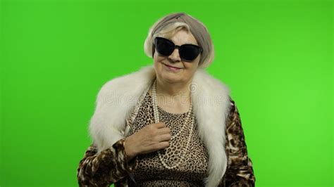 Elderly Stylish Grandmother Caucasian Woman Posing On Chroma Key