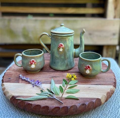 Hand Made Ceramic Mushroom Tea Pot Teapot Tea Cup Set Cups Stoneware