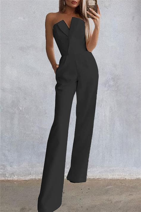 Casual Solid Split Joint Strapless Boot Cut Jumpsuits Insstreet