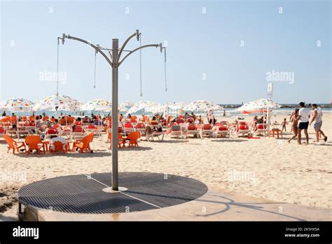 Tel Aviv Yafo, Israel - September 23,2022. Metal shower on the Tel Aviv ...
