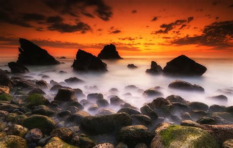 Wallpaper Sea The Sky Clouds Sunset Bright Nature Stones Rocks