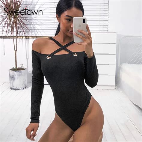 Sweetown Black Criss Cross Bandage Bodysuit Sexy Off Shoulder Body