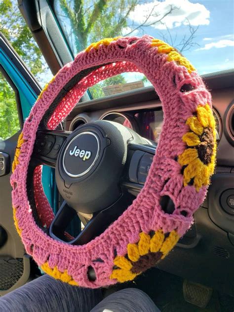 Sunflower Crochet Steering Wheel Cover Etsy Crochet Car Cute Car