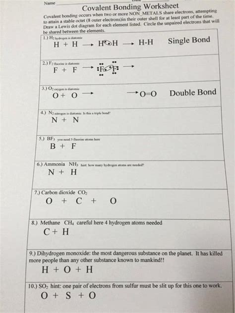 Chemistry Covalent Bonding Worksheet Answers