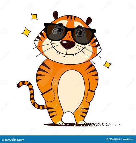 Cool Cartoon Tiger In Sunglasses Hands In Pockets Symbol Of 2022 Vector Illustration Stock