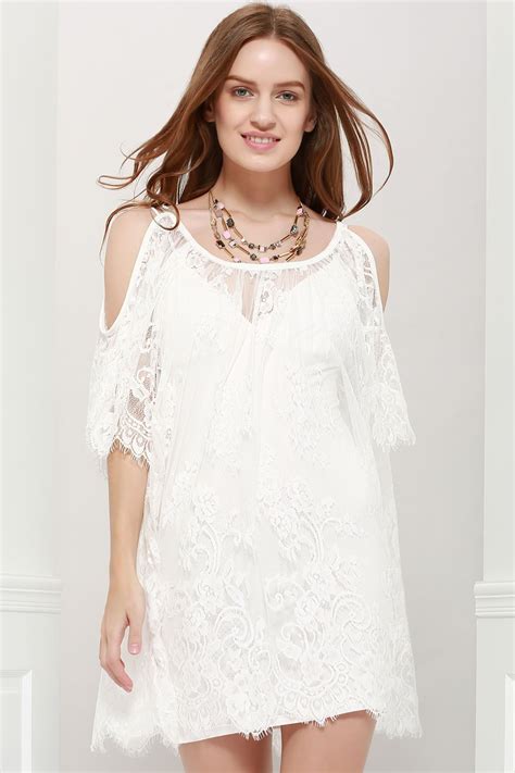 Ladylike Scoop Neck Off The Shoulder Lace See Through Dress For