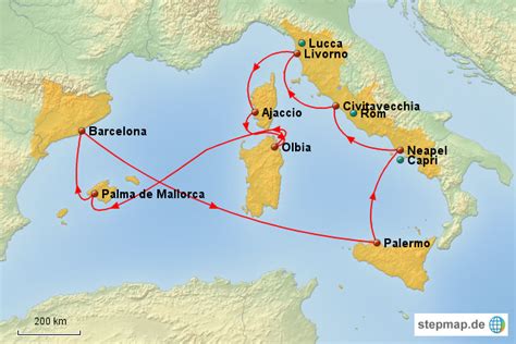 AIDA westliches Mittelmeer Route 3 von Ande E87 Landkarte für Italien