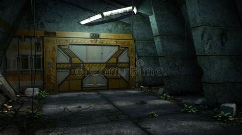 Grungy Futuristic Cyberpunk Underground Tunnel With Large Closed Door