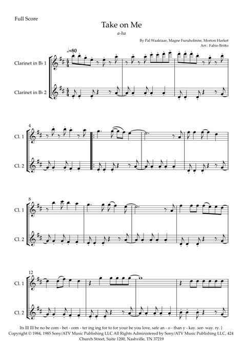 Take On Me Arr Fabio Britto By A Ha Sheet Music For Clarinet Duet At Sheet Music Direct