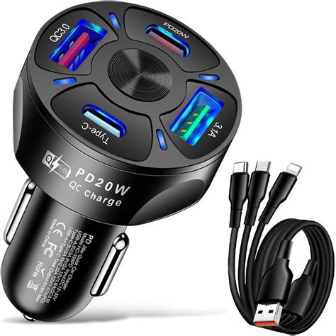 JQXD Cargador de Coche USB y Tipo C Adaptador Auto Carga Rápida Cuatro