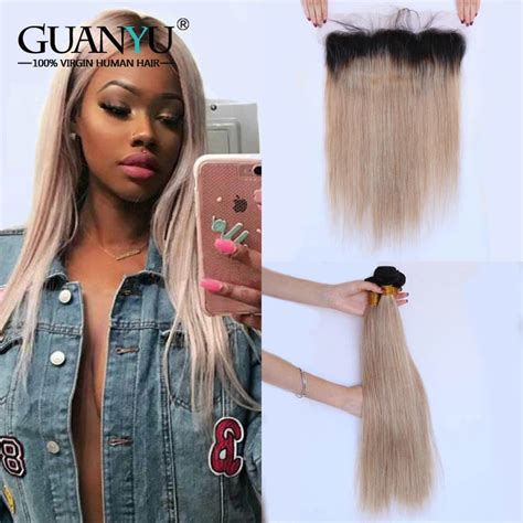 Guanyuhair 1b 27 Dark Roots Straight Ombre Hair 3 Bundles With 13x4