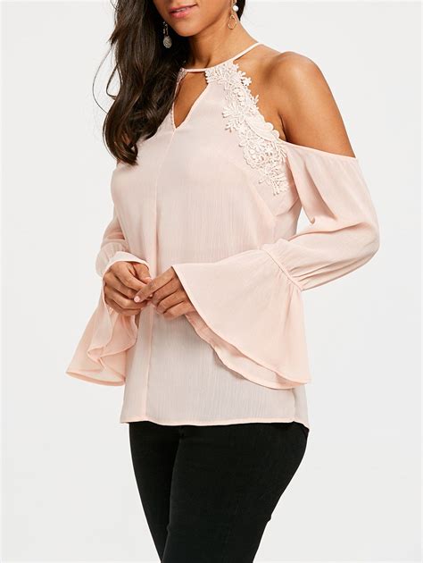 Flare Sleeve Keyhole Cold Shoulder Blouse In Apricot Trendy Fashion