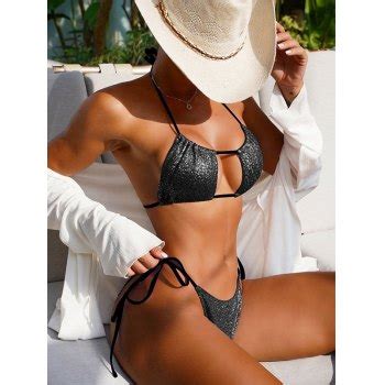 Emmiol Free Shipping 2023 Metallic Lace Up Bikini Set Black L In Bikini