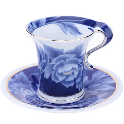 Coffee Mugs Blue Peony Purple Rose Bone China Coffee Cup with Disc Fancy Coffee Cup Self ...